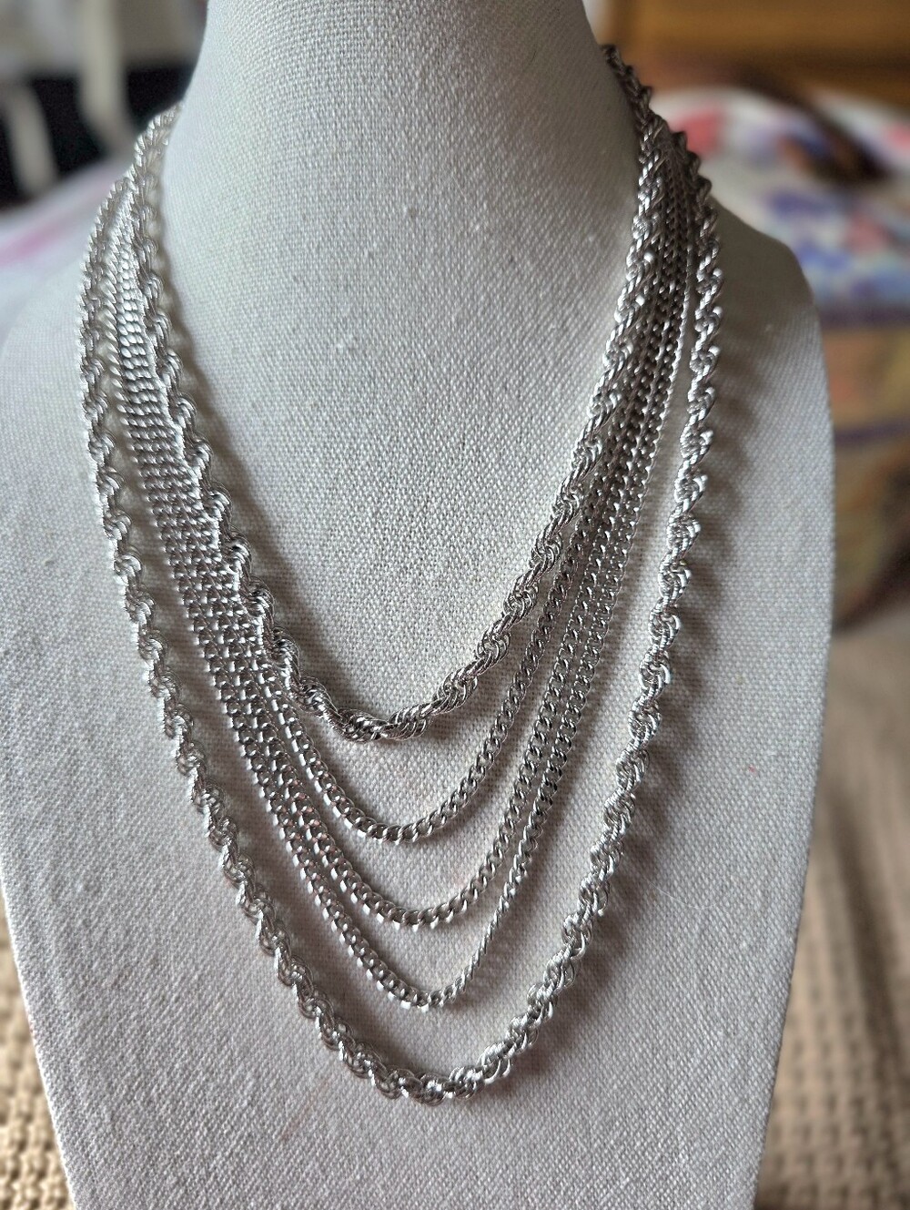 Vintage Monet Silver Multi- Strand Layered Statement Chain Necklace